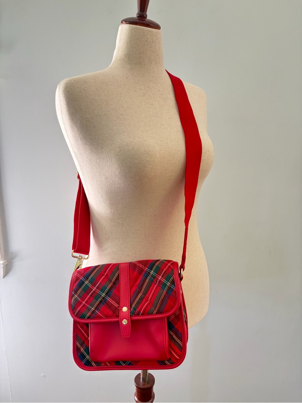 Talbots Red Plaid Holiday Adjustable Crossbody Purse